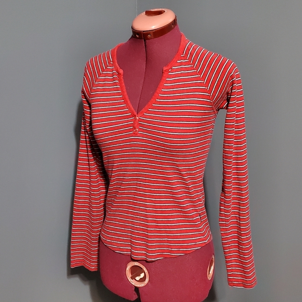 Tommy Jeans Long Sleeve Henley Top Red Navy White Stripe Shirt V Neck Size M